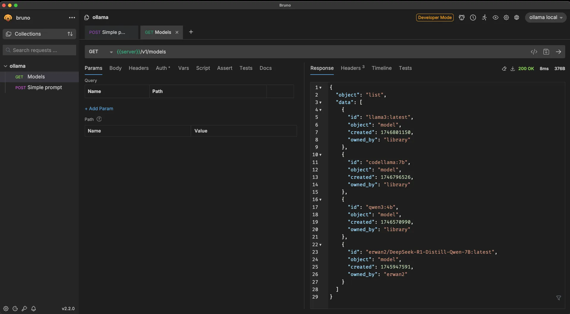 Bruno REST client getting a list of models from ollama