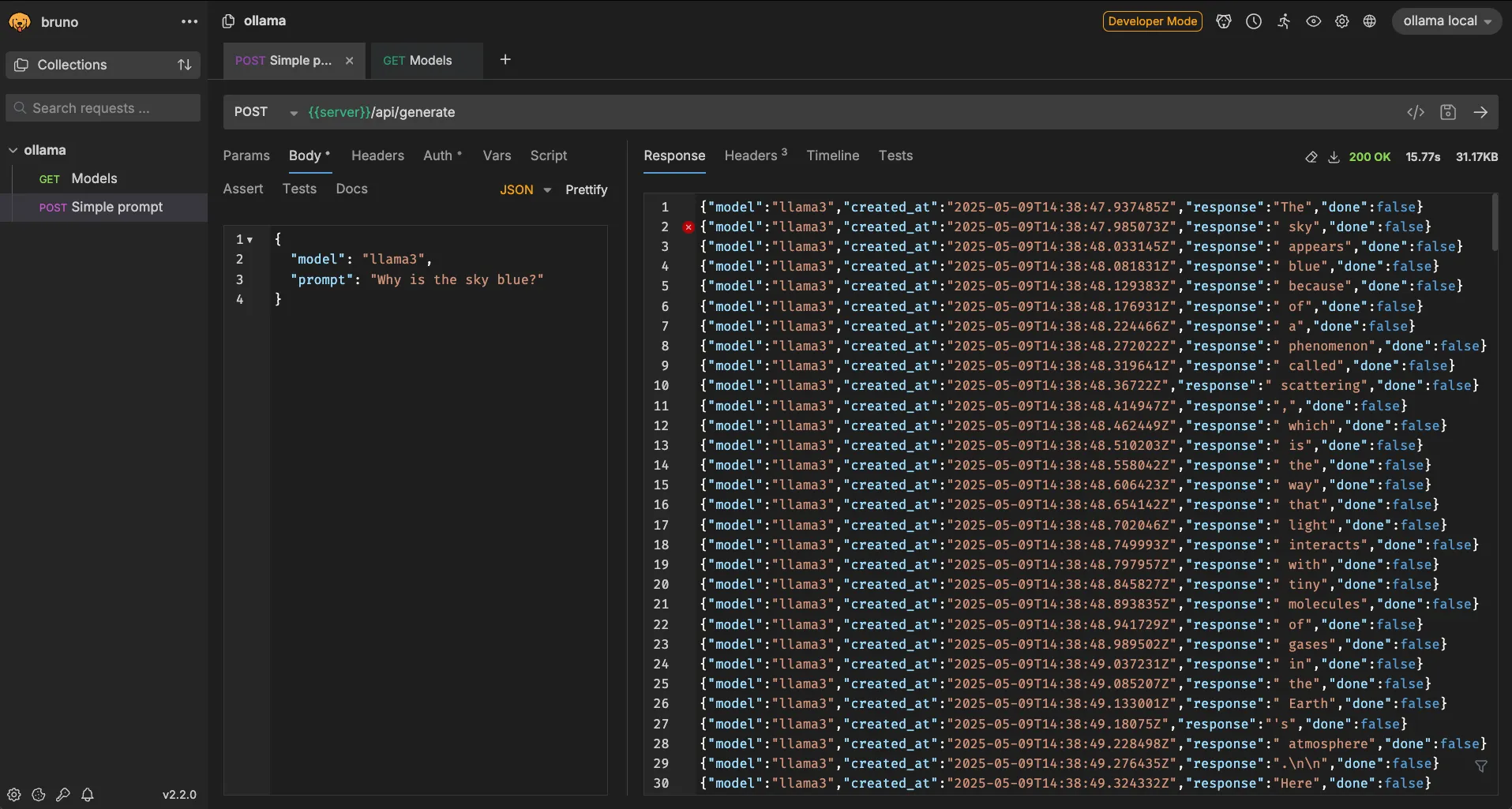 Bruno client showing LLM answering a question one token at a time using server-sent events