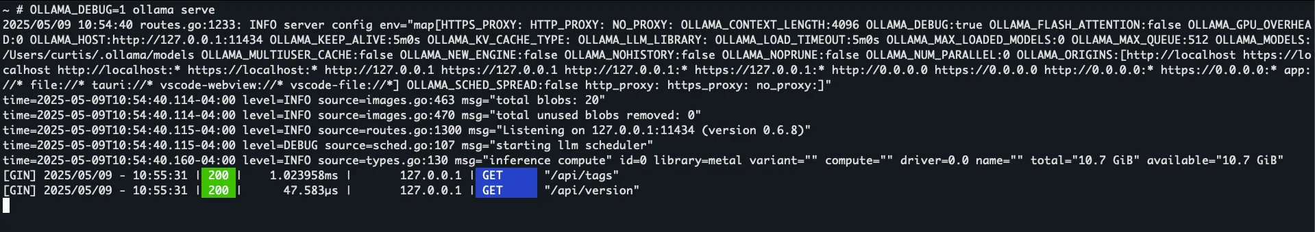 Shell session running &#x27;ollama serve&#x27;, showing initial config requests from Open WebUI