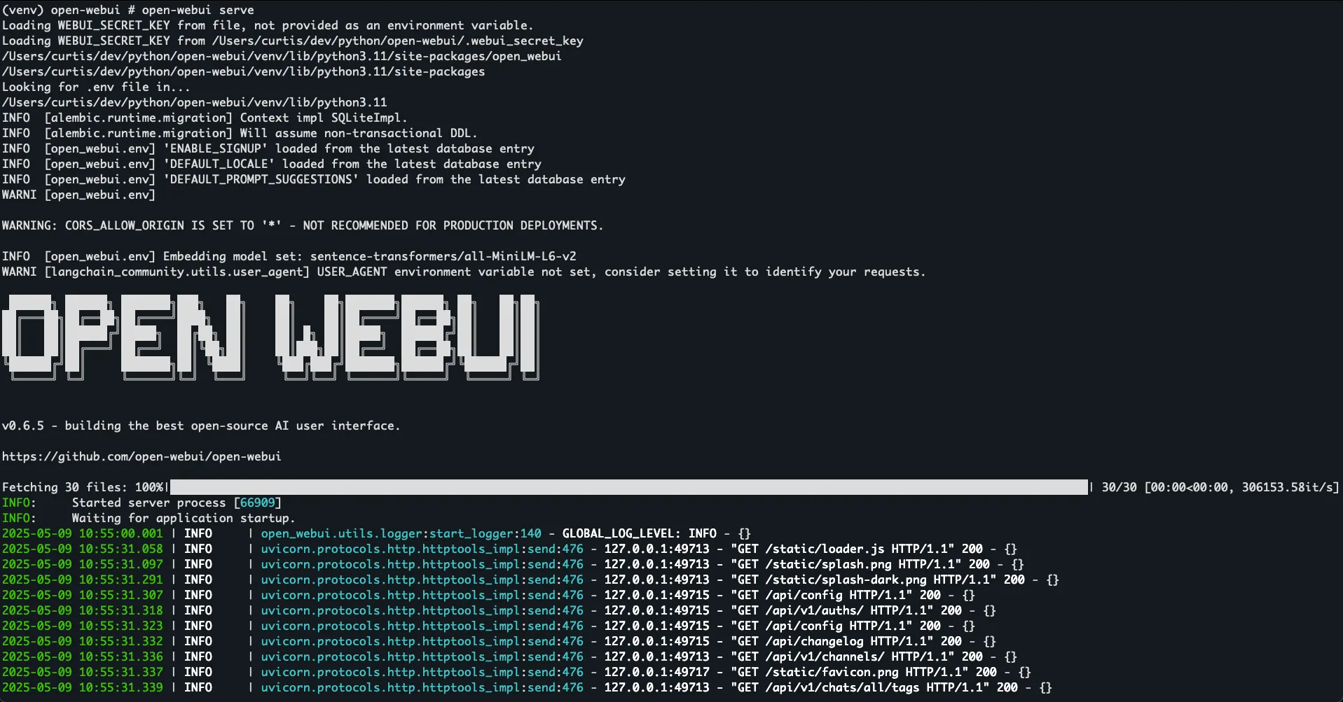 Shell session starting Open WebUI and showing initial requests from web client