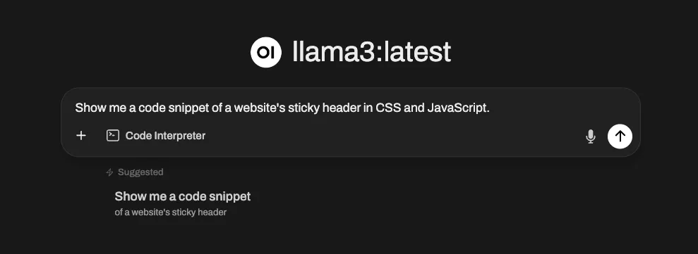 Open WebUI showing the sample &#x27;show me a code snippet&#x27; prompt