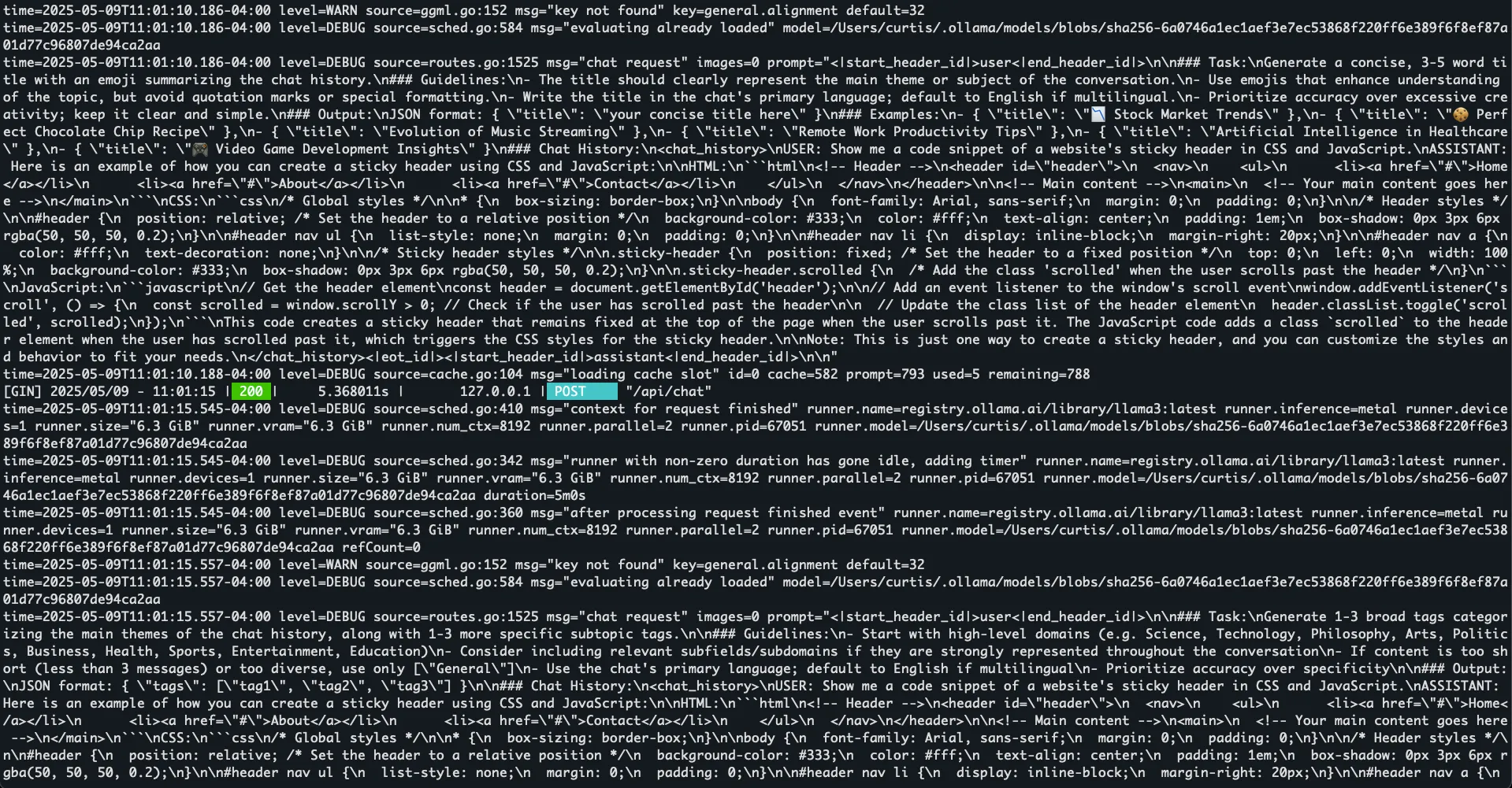 ollama log output showing extra questions from Open WebUI