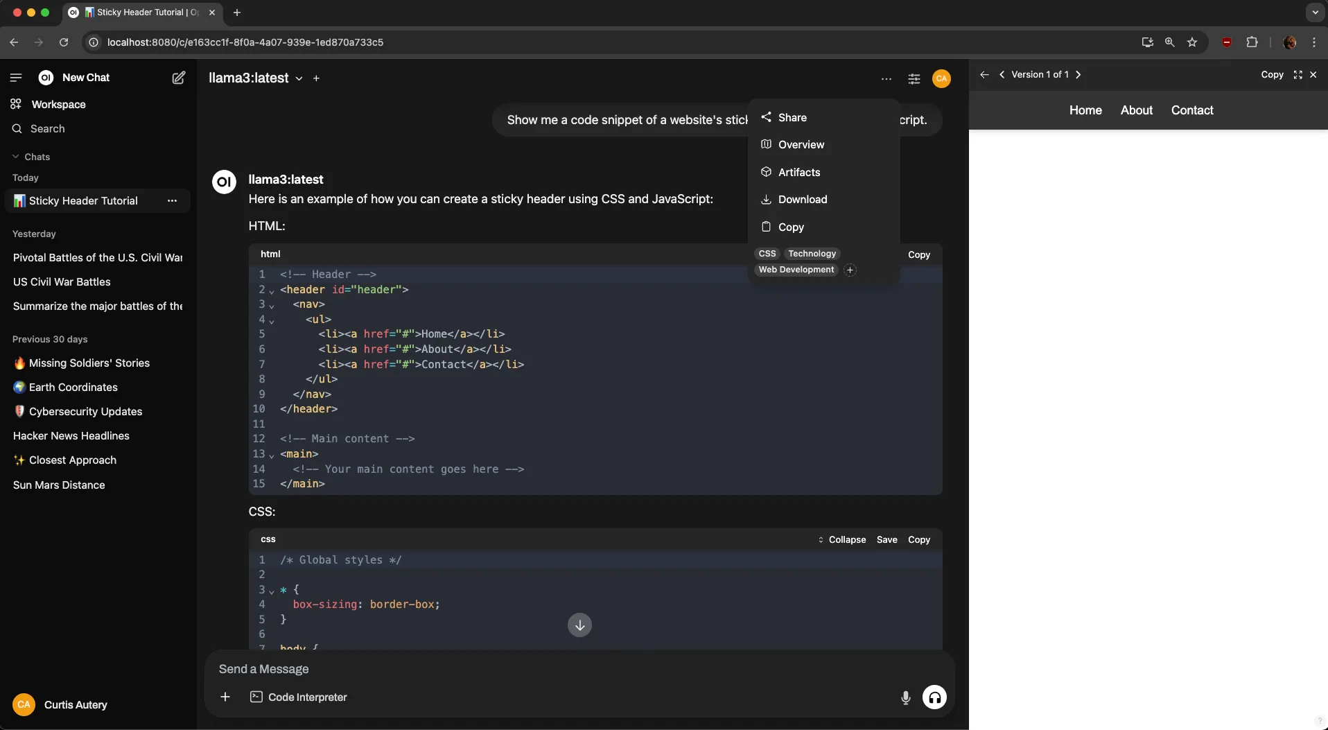 Open WebUI showing generated HTML and CSS, and also rendering it as a web page