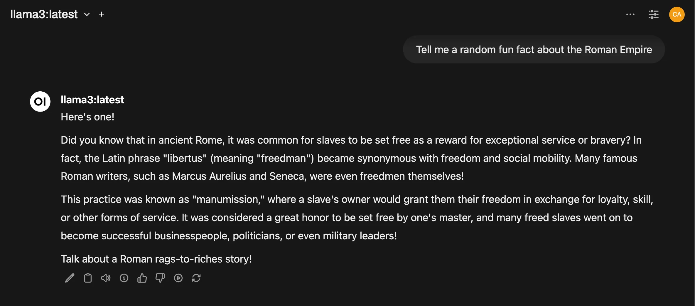 Open WebUI showing llama response for a fun fact about Rome