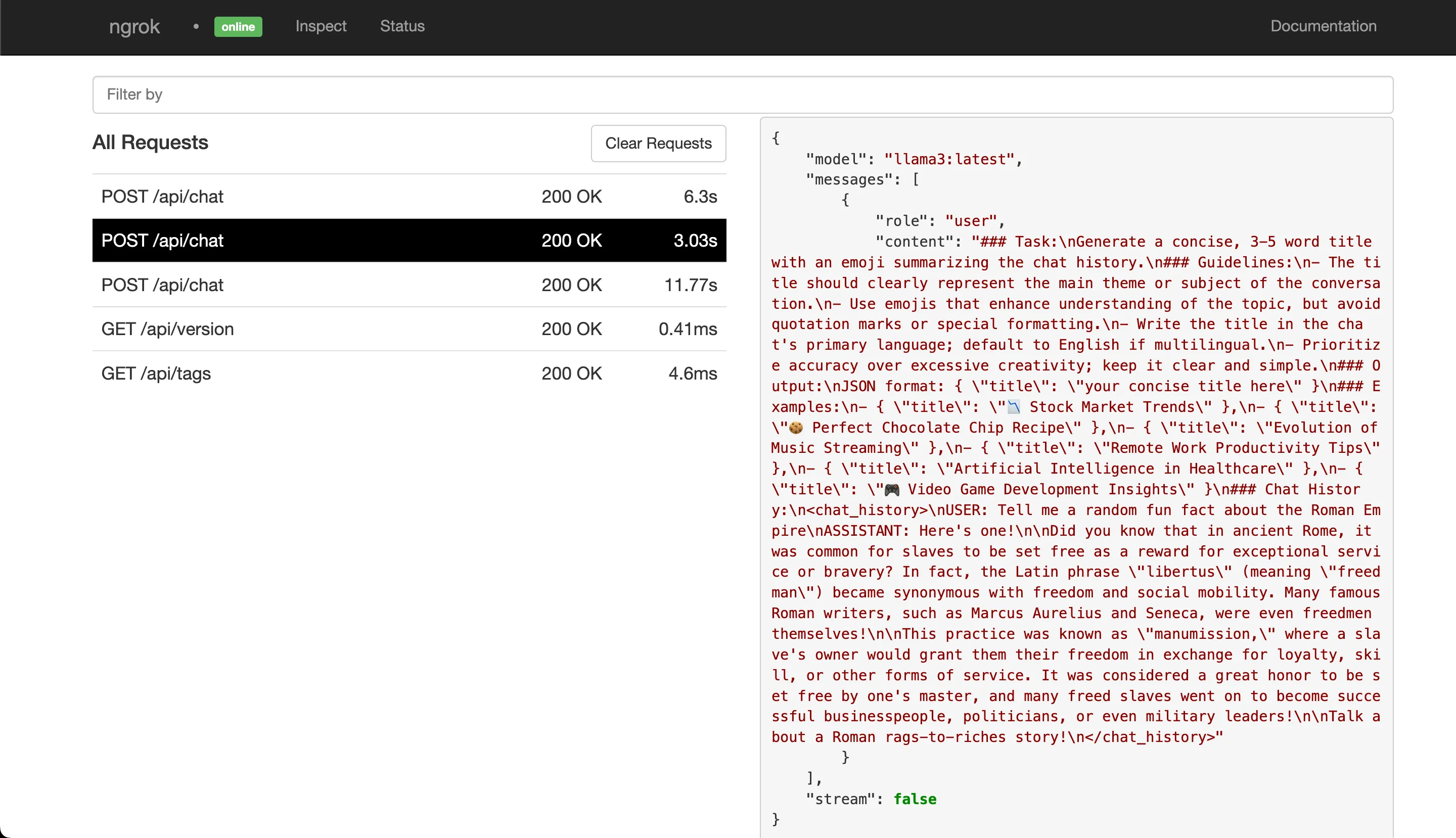 ngrok showing Open WebUI asking model for a conversation title