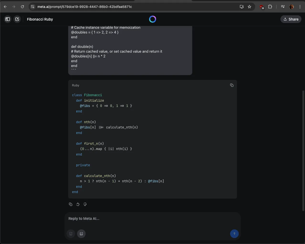 meta.ai showing good ruby solution for generating Fibonacci numbers