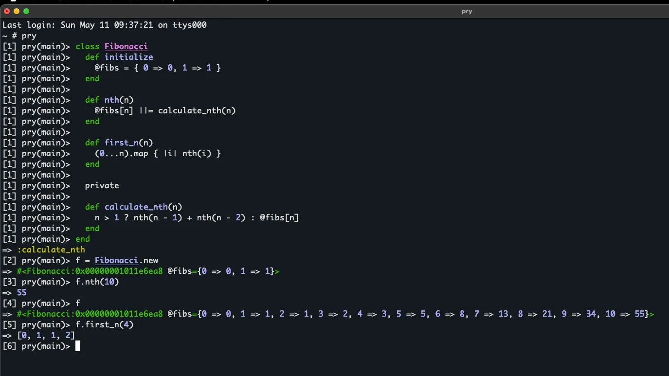 pry REPL testing of meta.ai Fibonacci solution