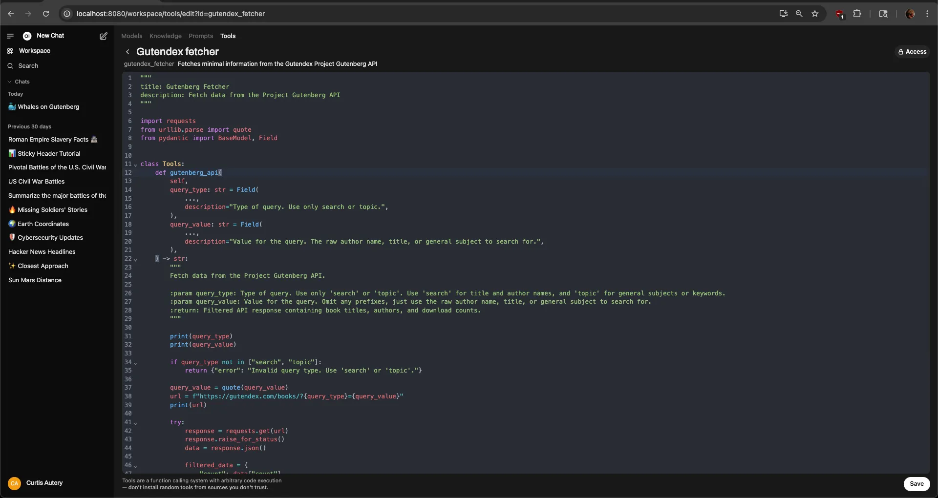 Open WebUI showing a python tool for fetching Project Gutenberg data