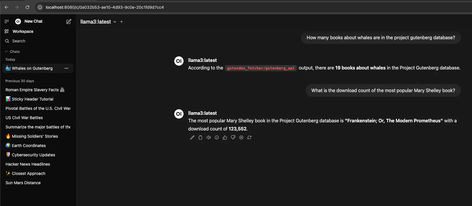 llama3 successfully using tool calling to find the number of Frankenstein downloads