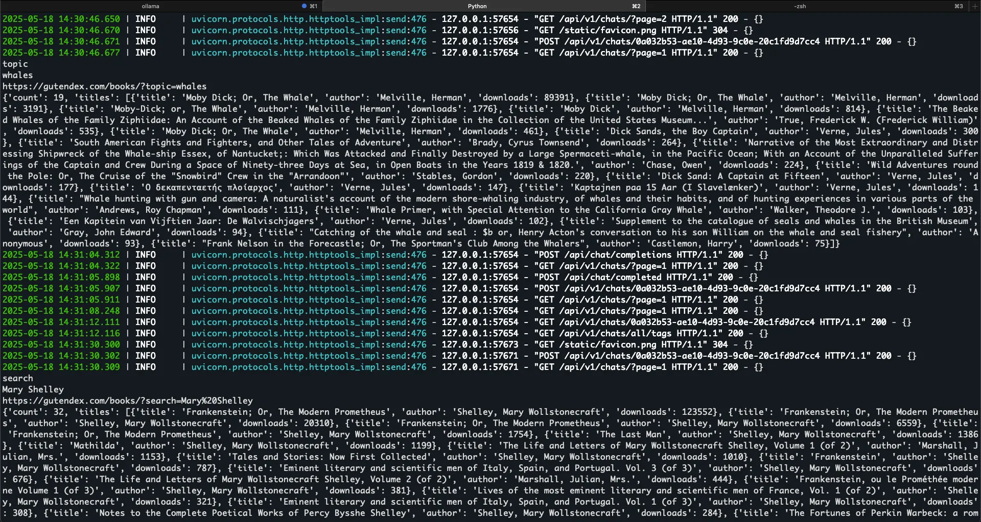Open WebUI logs showing tool calling requests and responses