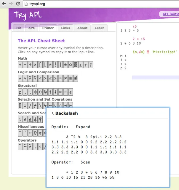 Cheat-sheet from tryapl.org