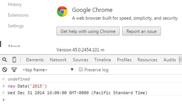Chrome 45, showing date constructor for &#x27;2015&#x27; as UTC