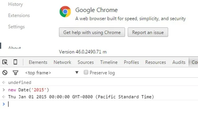 Chrome 46, showing date constructor for &#x27;2015&#x27; as local time