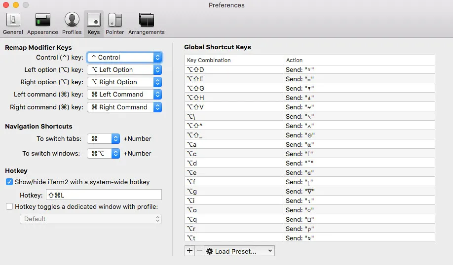 iTerm hotkeys for APL characters