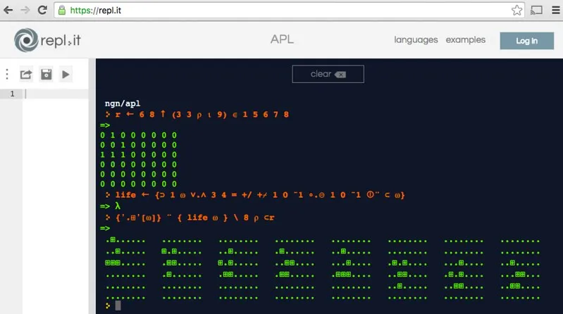 Game of Life written in APL, output is two cycles of a glider
