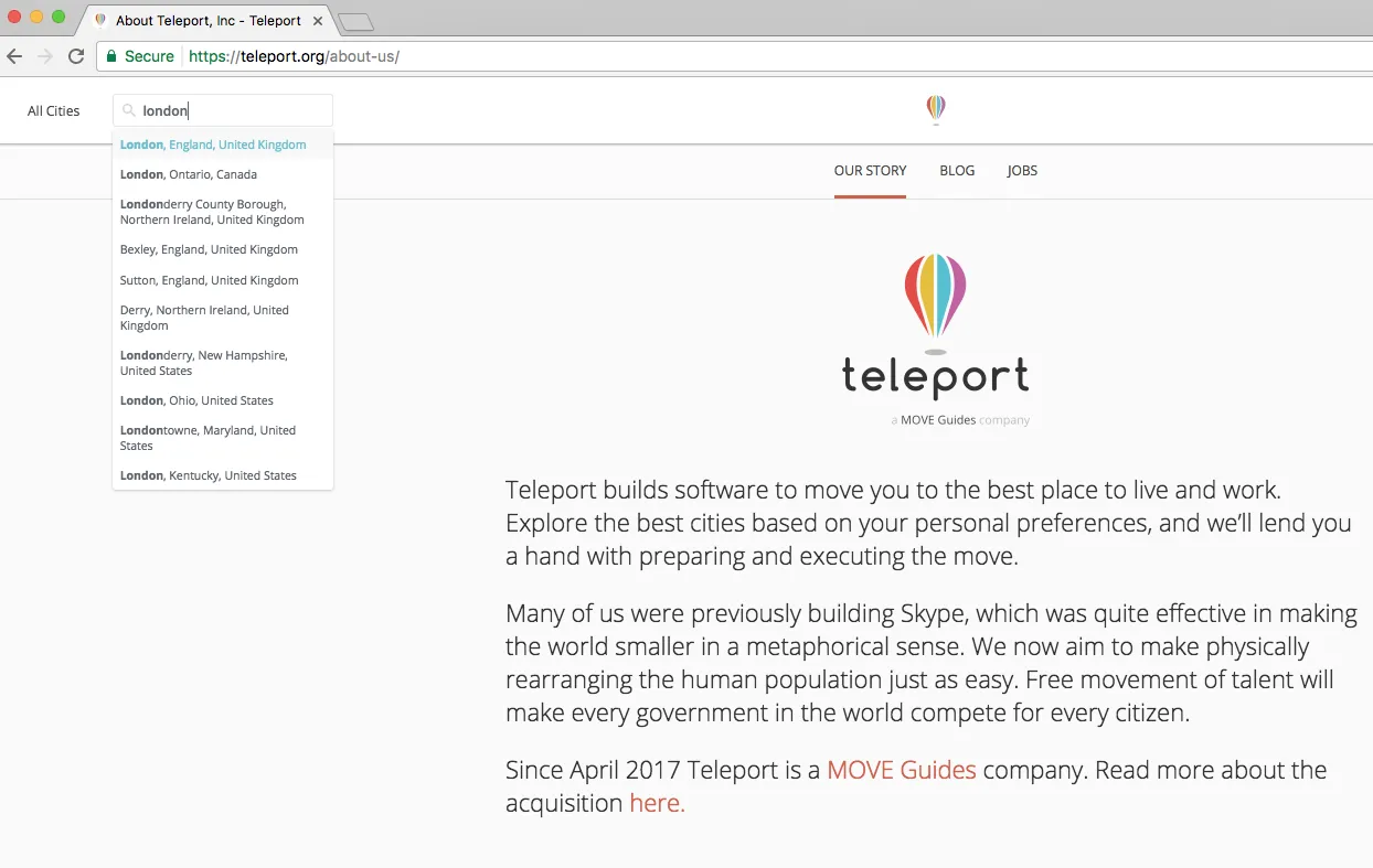 a teleport.org search for london