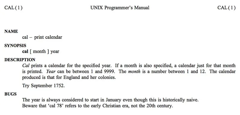 Unix cal manpage, with the callout "Try September 1752"
